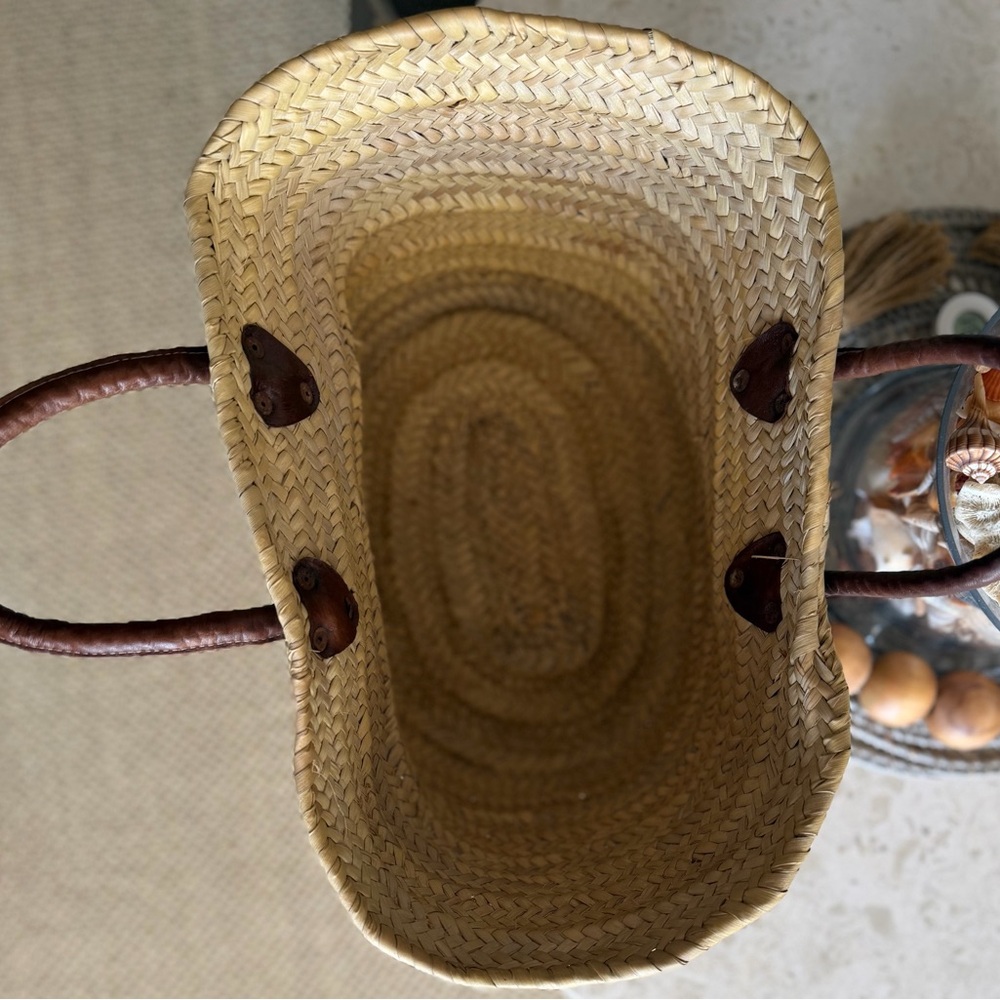French Market Basket Woven Straw Tote with Brown Leather Handles - Picture 2 of 7